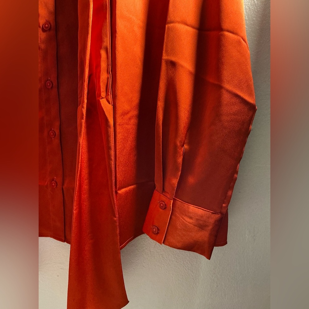 Ann Taylor Vibrant Orange Satin Blouse with Neck Tie - Picture 11 of 15